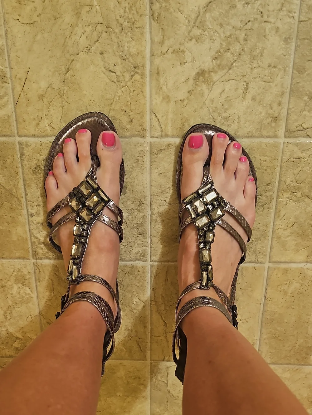Metallic Embellished Women’s Sandals - Charcoal- Bronze